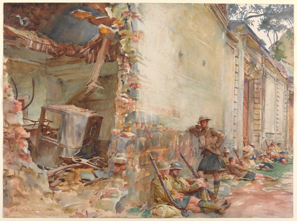 painting of soldiers standing by semi ruined building