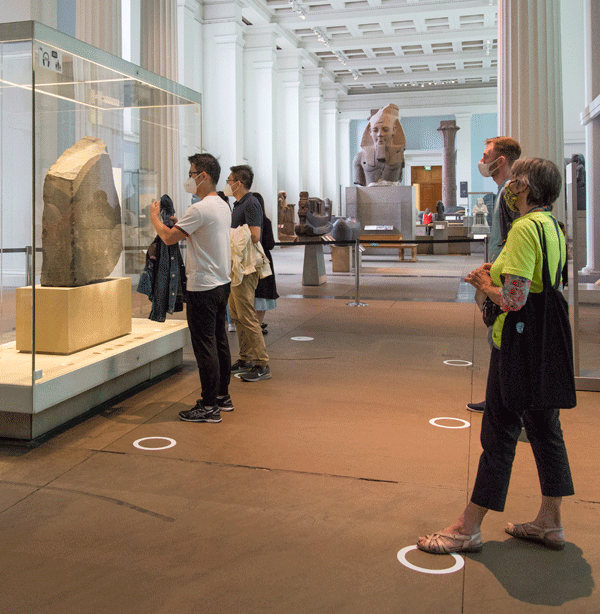 markings in the galleries of the British Museum help visitors to socially distance