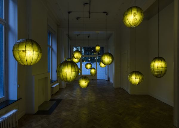 yellow globes hanging in darkened room