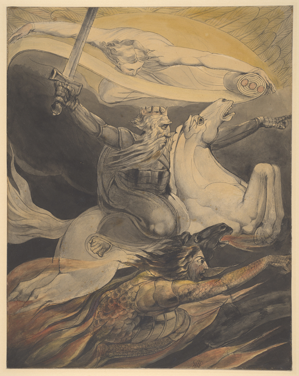 A white figure which represents death  with a crown and armour rides a white horse he holds a sword aloft in his right hand. Below him another rides a black horse. Above death a white figure has arms outstretched encompassing the figure of death. 