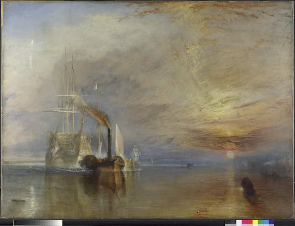 A painting by Turner a large sailing ship to the right of the painting is being towed by a smaller steam ship. Smoke rises from the black funnel of the steam ship. The sun sets on the horizon and clouds catch the rays of the sun. The water is fairly flat and reflects the boats and the sunset. 