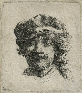  Self portrait wearing a soft hat, etching on paper c 1634. Copyright Norfolk Museum Service.