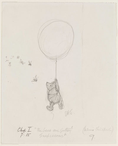  'The bees are getting suspicious', Winnie-the-Pooh  chapter 1, pencil drawing by E.  H. Shepard. c The Shepard Trust