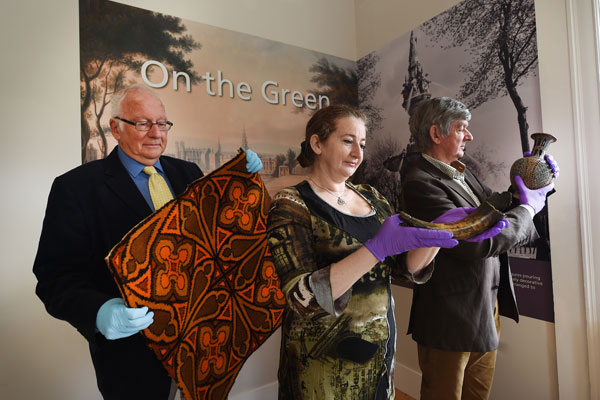  Fiona Hayes, Curator, Social History, Glasgow Museums holding a horn from 1700, used by Glasgow's last Town Herd, John Anderson (d.1782).