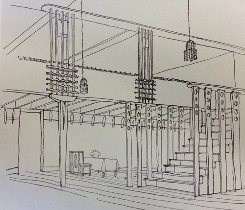 Drawing by Sir Hugh Casson of the Oak Room in the Ingram Street Tea Rooms in 1935, Architect and Building News, June 14, 1936.  