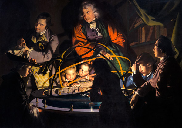 children and scientists look at orrery in landmark painting