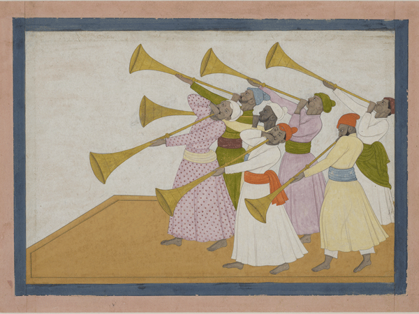 watercolour of men with trumpets