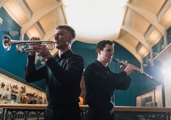 two musicians in gallery at RAMM