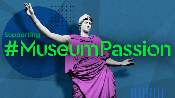 museum passion logo with hashtag and picture of purple dressed classical statue