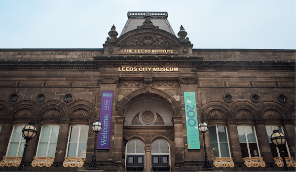 front of museum with 200th anniversary banners