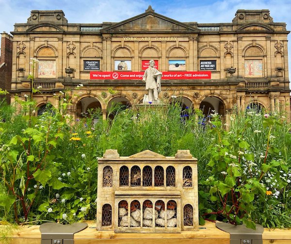 flowerbed and bee hotel outside york art gallery