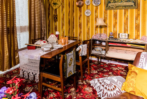 front room 1976 with stripey yellow wallpaper