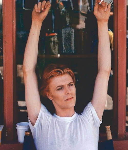 david bowie with hands hanging from straps above his head