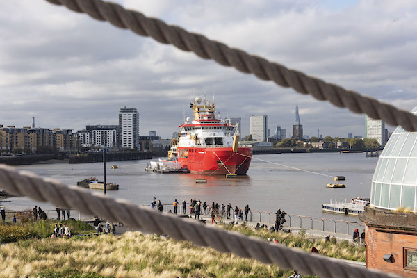 big red scientific vessel on the Thames