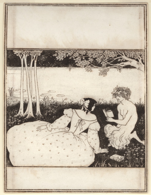 two figures beneath a tree - one a woman in full Victorian dress, the other a reading Satyr