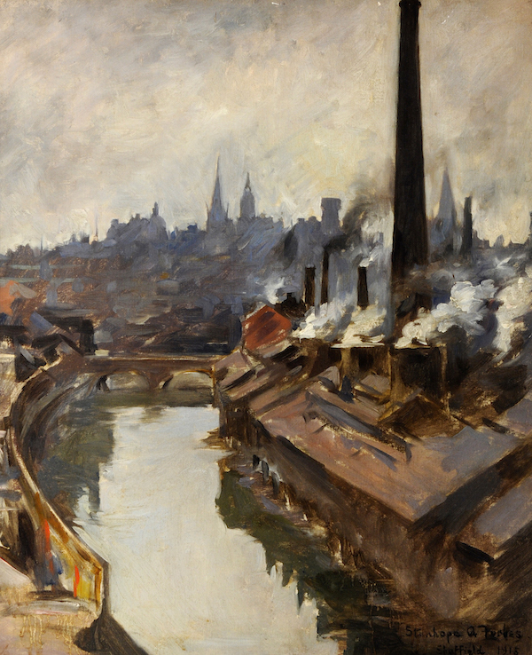 Painting of Sheffield showing the river running through the city and reflected in the water. In the background chimneys rise up and smoke lifts into the sky. 