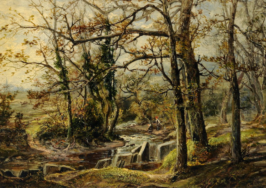 A painting of a woodland scene in browns and greens, it is autumn and there a few leaves left on the trees, a stream winds through the middle of the woods. 