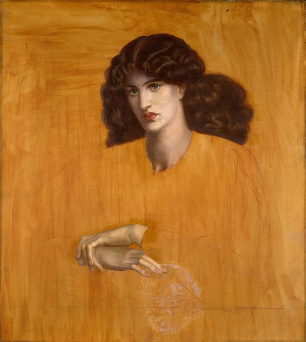 An unfinished oil painting on a yellow background the face and hands of a woman are seen. The woman has long dark hair and red lips. Her left hand grasps her right wrist.