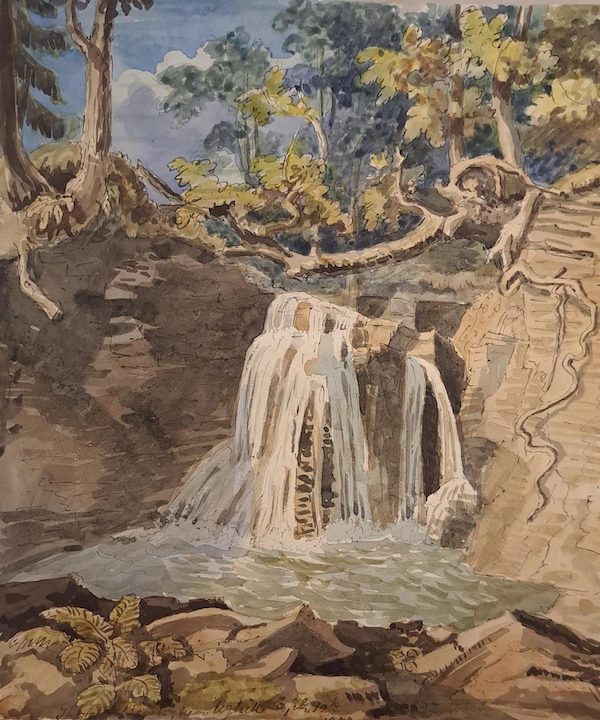 Painting of a brook, the brook tumbles into a waterfall in the centre of the picture, there are light brown stones to the left and right of the water and in the foreground. In the distance there are trees and blue sky.