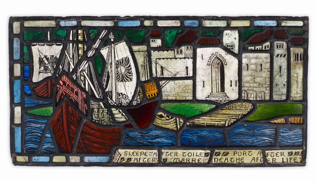 One of two panels of stained glass forming a single image of two medieval ships before a city's wall. The quote is by 16th century poet Edmund Spenser.