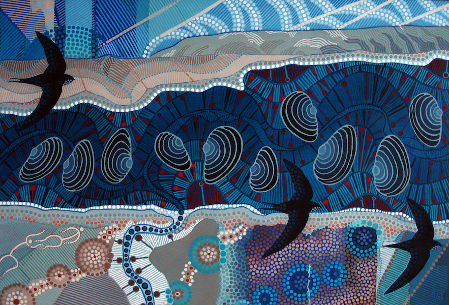 Art work with geometric patterns in blues and greens evoking the shoreline and shells, there are three birds possibly swifts in black silhouette flying above the pattens.