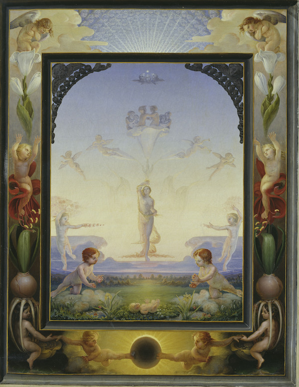 A naked woman stand in the centre of the painting as the sun rises behind her, the sky is full of blues and soft golds. Angels fly away from her in different directions. Above her a white trumpet shaped flower 6 naked children sit they do not have wings. The picture has a border of flowers, angels and children.