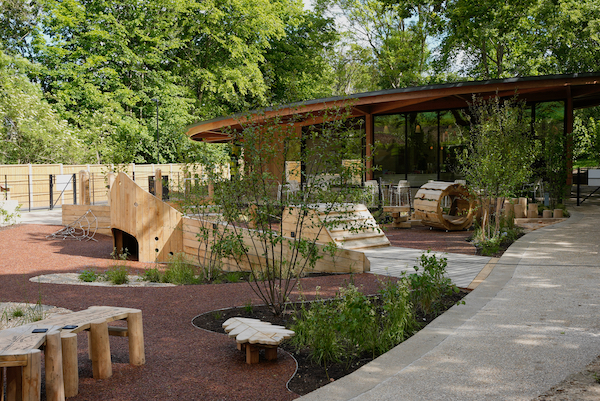 Photograph of an outdoor play area for children, it features green planting and wooden climbing areas. 