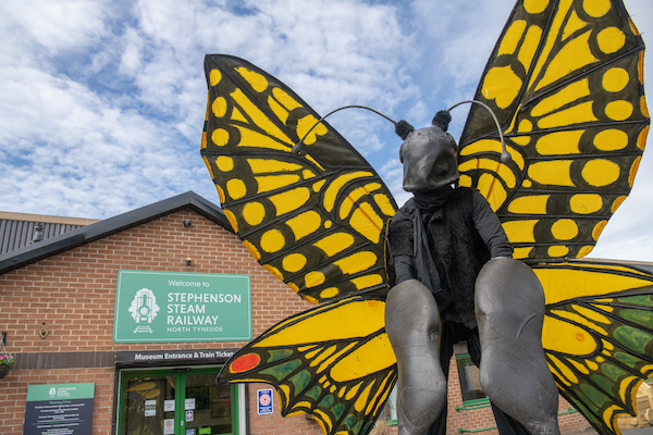 A photograph of a performer dressed as a yellow and black butterfly, they have large wings and their body is covered in black. They are outside the entrance to a museum with a green door. 