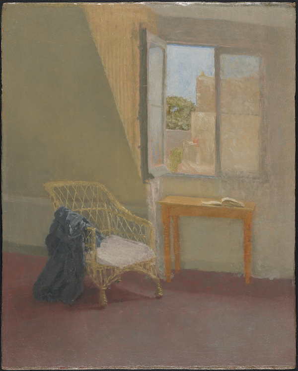 Painting of a corner of a room with a window, there is a dark red carpet, light walls. There is a cane chair before the window and outside you can see green trees and blue sky. The window is open.