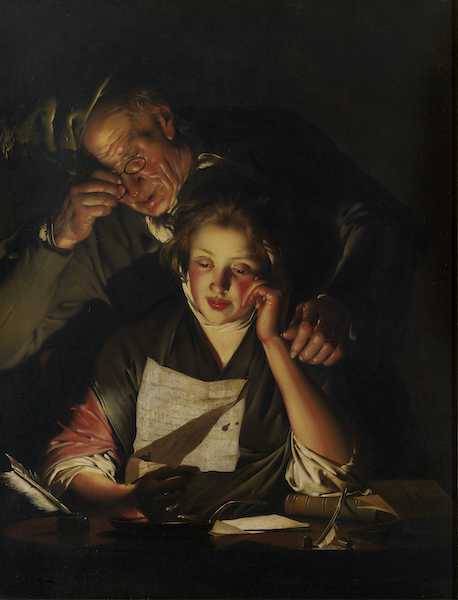 A painting by Joseph Wright it shows a girl reading a letter an older man leans over her shoulder and holds up reading glass so he can also read the letter. 