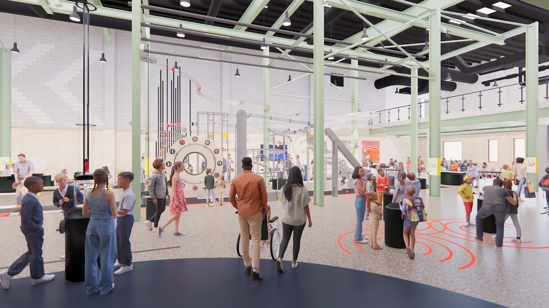 Artist impression of a busy gallery space, it is light and full of interactive exhibits