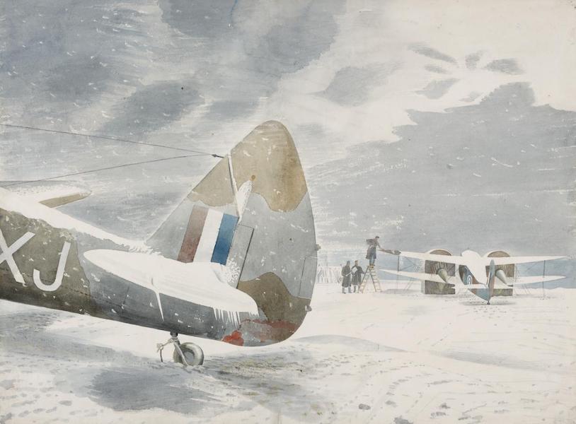 A watercolour painting of an airfield the rear of an second world war aircraft is visible covered with snow. It is snow and the ground is white, the sky is a light grey in the back ground is another plane, there a number of men standing around it. One man is standing on the wing de-icing the plane. 
