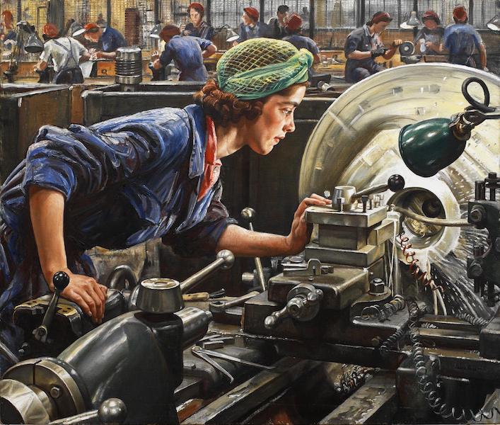 A painting shows young woman in blue overalls with a green head scarf leaning over machinery. The machine has a wheel that is cutting and she is in a factory with other women in the background.  
