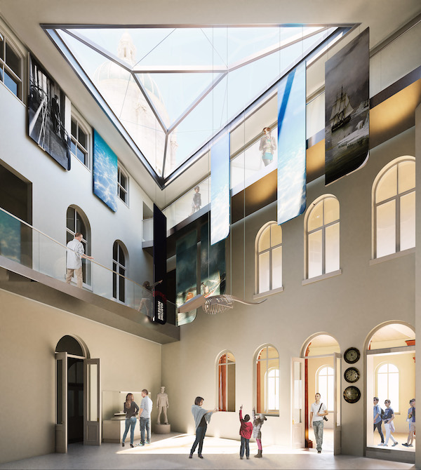 Architects computer generated design of the inside of a building. It is a light double space atrium with a triangular skylight. Large windows surround the walls and banners are suspended from the ceiling.
