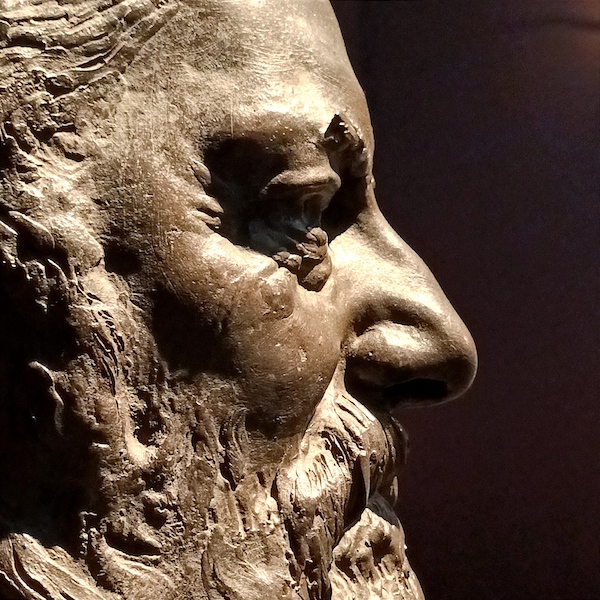 Close up of a sculpture of a man showing his nose, eye and beard