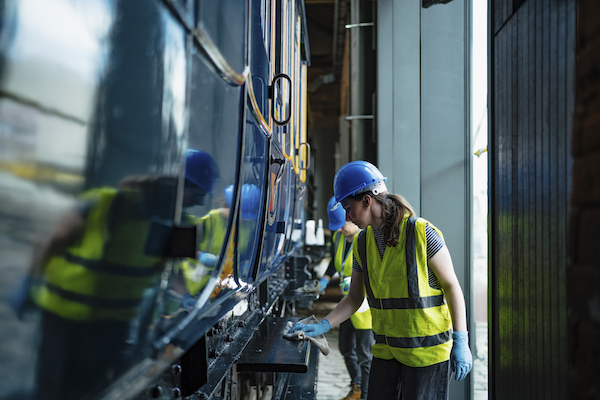 Photo of a woman museum staff member in blue hard had and yellow high vis jacket cleaning a train carriage. 