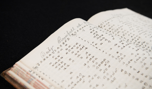 A ledger open to display two pages which have details on daily rainfall. 