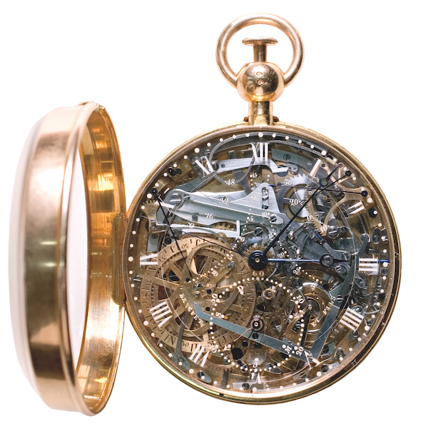 The image shows a close up of an 18th century pocket watch with a gold casing. The front of the case is open and shows the delicate inner workings.