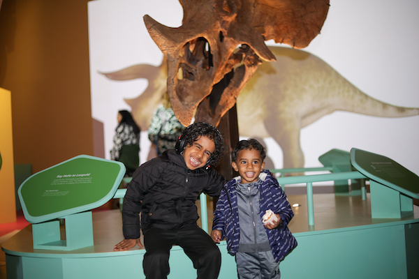 Photograph of two young boys sitting in front of a large Triceratops skull, they are both looking at the camera and smiling. 